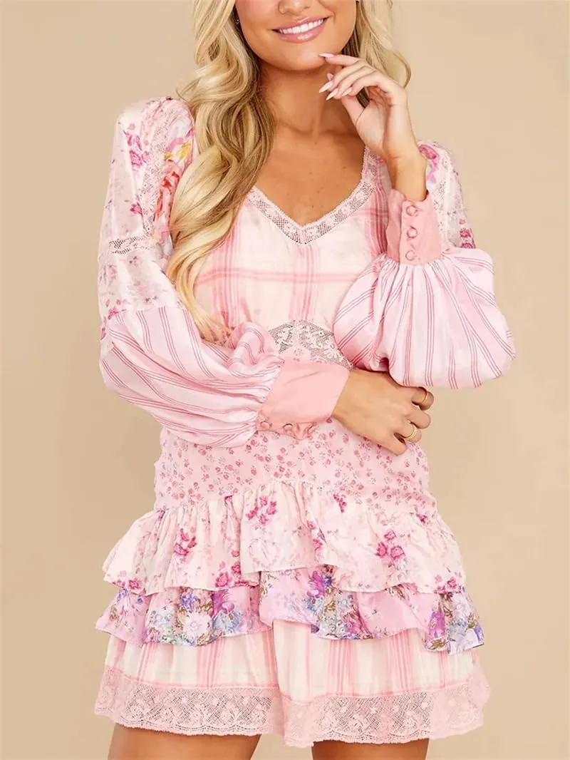 Women's Floral Patchwork Mini Dresss Casual Long Sleeve Party Ruffles Dresses Vestidos