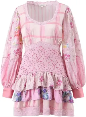 Women's Floral Patchwork Mini Dresss Casual Long Sleeve Party Ruffles Dresses Vestidos