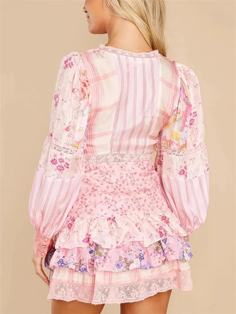 Women's Floral Patchwork Mini Dresss Casual Long Sleeve Party Ruffles Dresses Vestidos