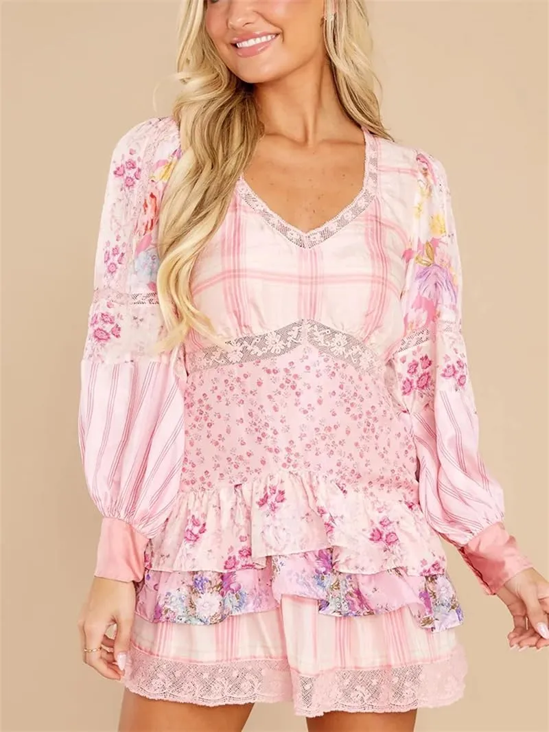 Women's Floral Patchwork Mini Dresss Casual Long Sleeve Party Ruffles Dresses Vestidos