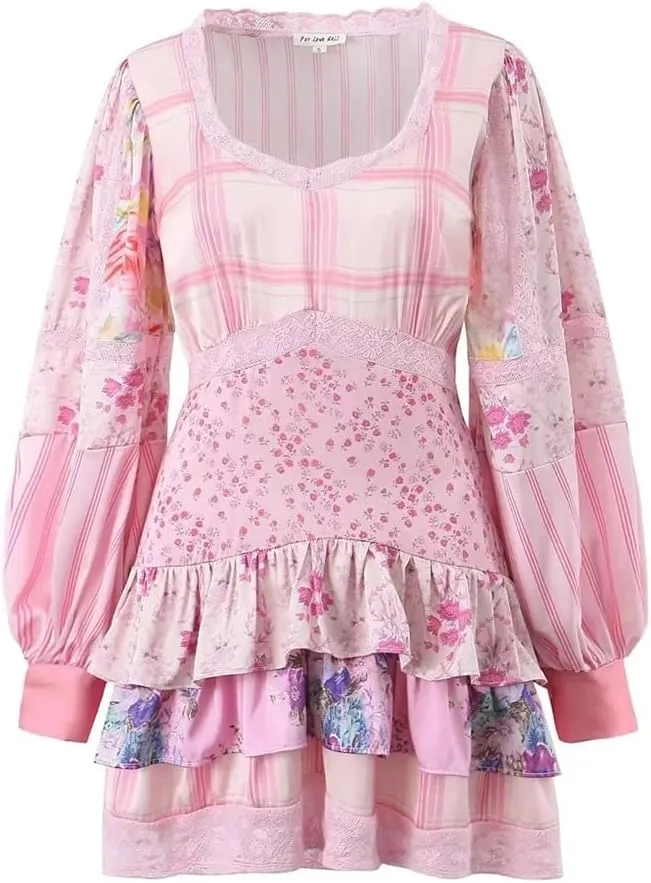 Women's Floral Patchwork Mini Dresss Casual Long Sleeve Party Ruffles Dresses Vestidos