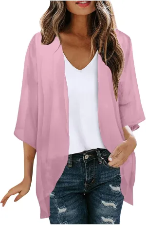 Womens Floral Print Puff Sleeve Kimono Cardigan Loose Coverup Solid Color Casual Summer Fashion Tops Swimwear 2025