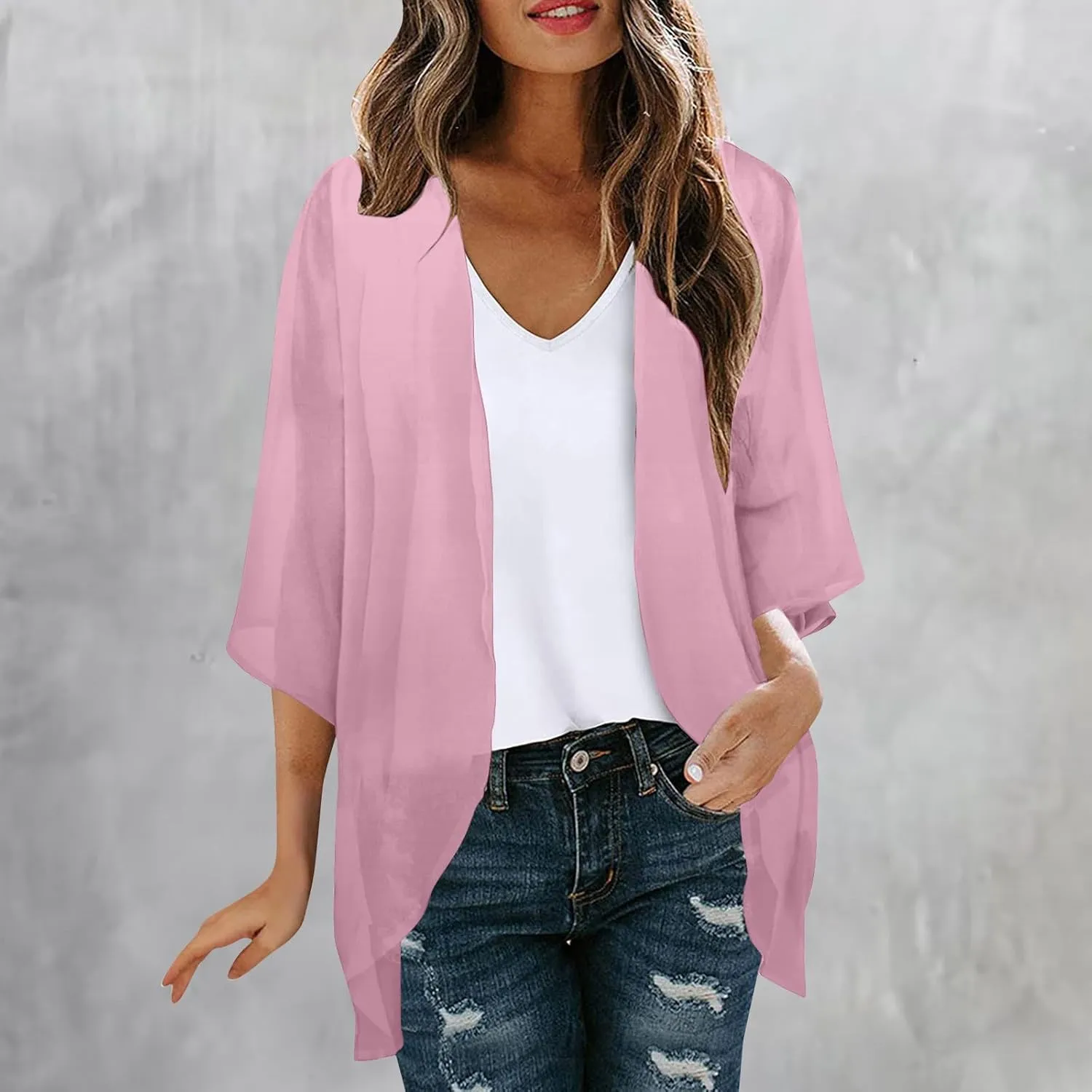 Womens Floral Print Puff Sleeve Kimono Cardigan Loose Coverup Solid Color Casual Summer Fashion Tops Swimwear 2025