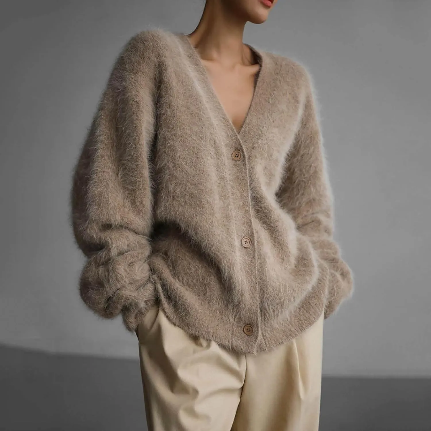 Women's Furry Cardigan Sweater Long Sleeves Open Front V-Neck Button Down Loose Casual Knit Coat 2024 Fall Winter