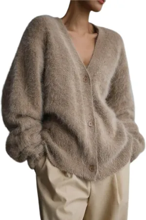 Women's Furry Cardigan Sweater Long Sleeves Open Front V-Neck Button Down Loose Casual Knit Coat 2024 Fall Winter