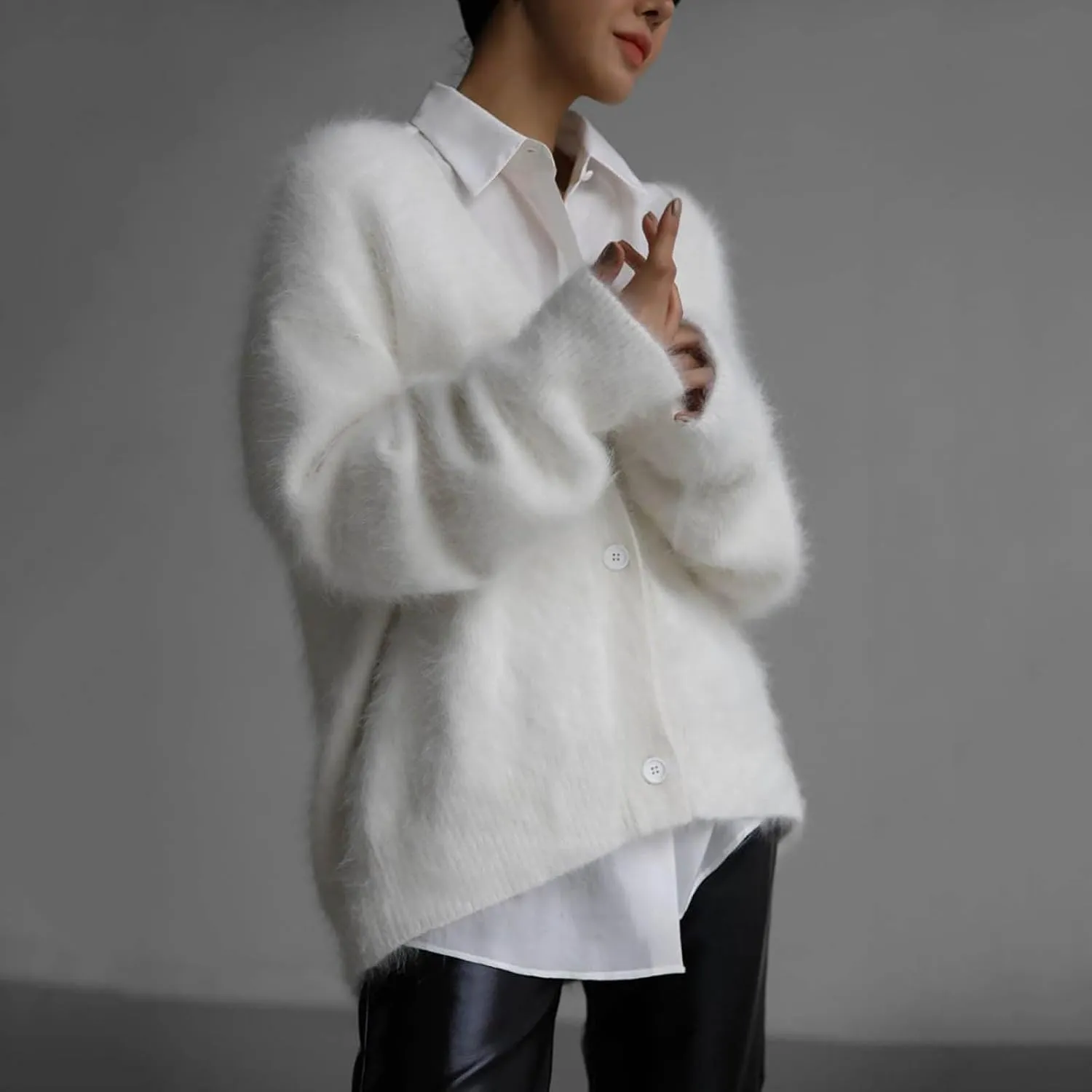 Women's Furry Cardigan Sweater Long Sleeves Open Front V-Neck Button Down Loose Casual Knit Coat 2024 Fall Winter