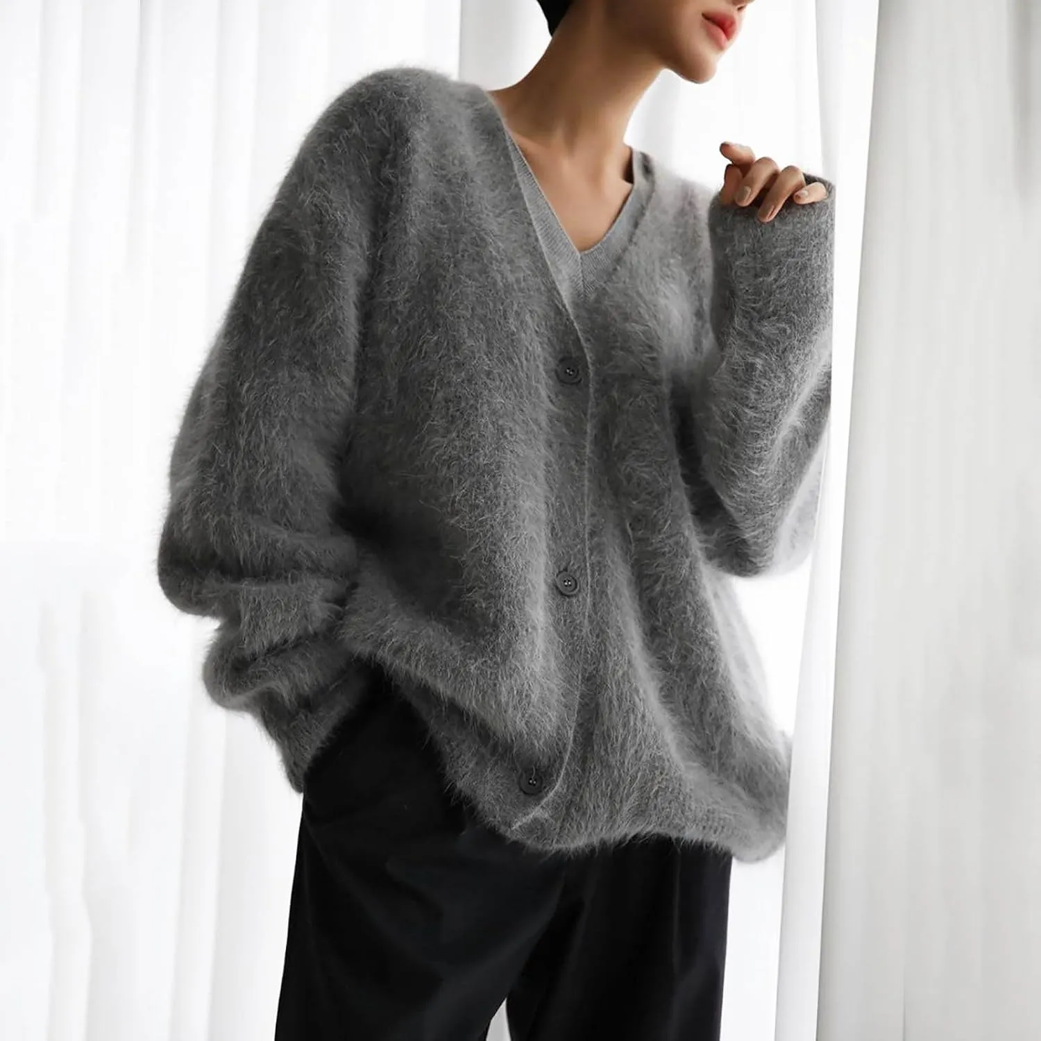Women's Furry Cardigan Sweater Long Sleeves Open Front V-Neck Button Down Loose Casual Knit Coat 2024 Fall Winter