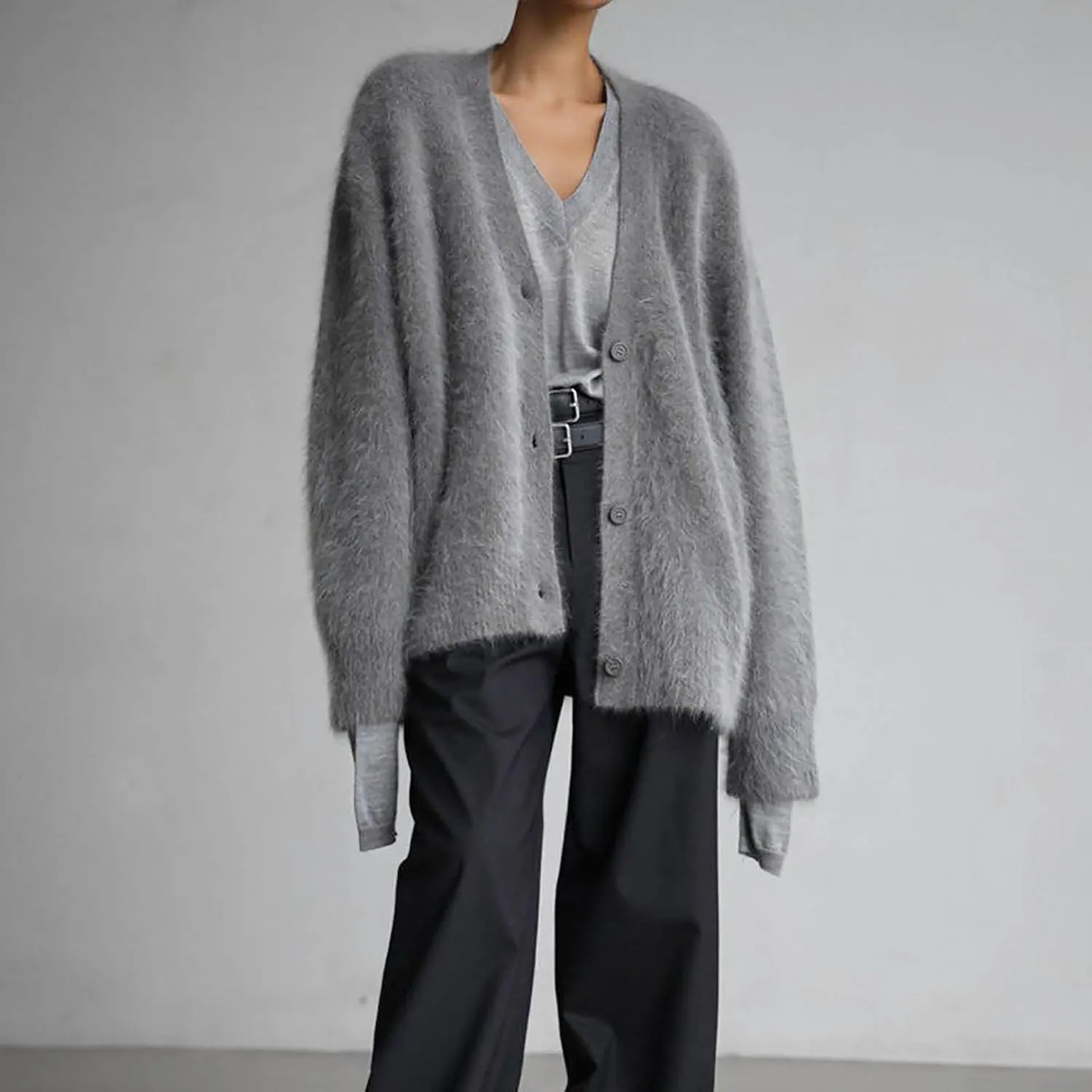 Women's Furry Cardigan Sweater Long Sleeves Open Front V-Neck Button Down Loose Casual Knit Coat 2024 Fall Winter