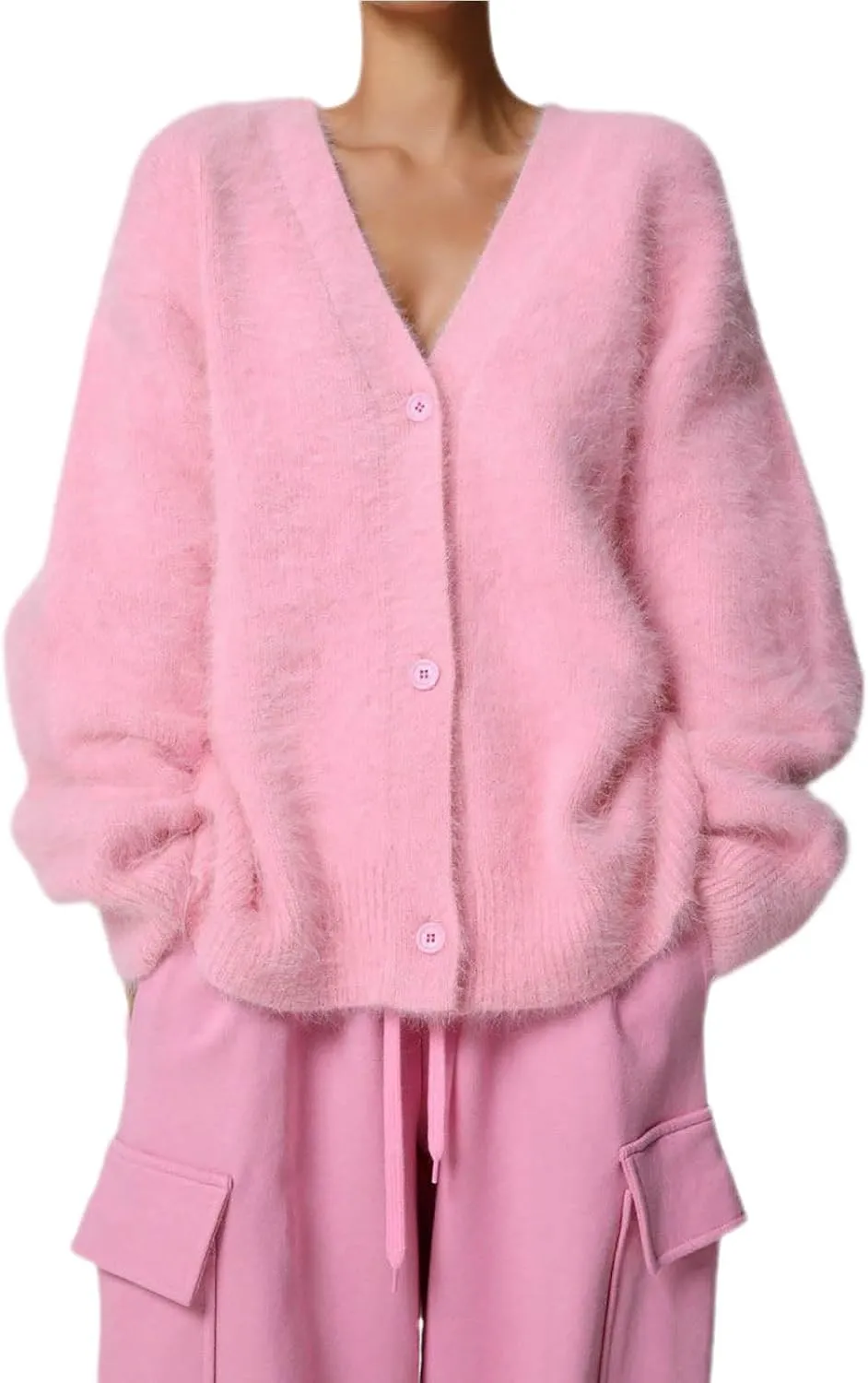 Women's Furry Cardigan Sweater Long Sleeves Open Front V-Neck Button Down Loose Casual Knit Coat 2024 Fall Winter