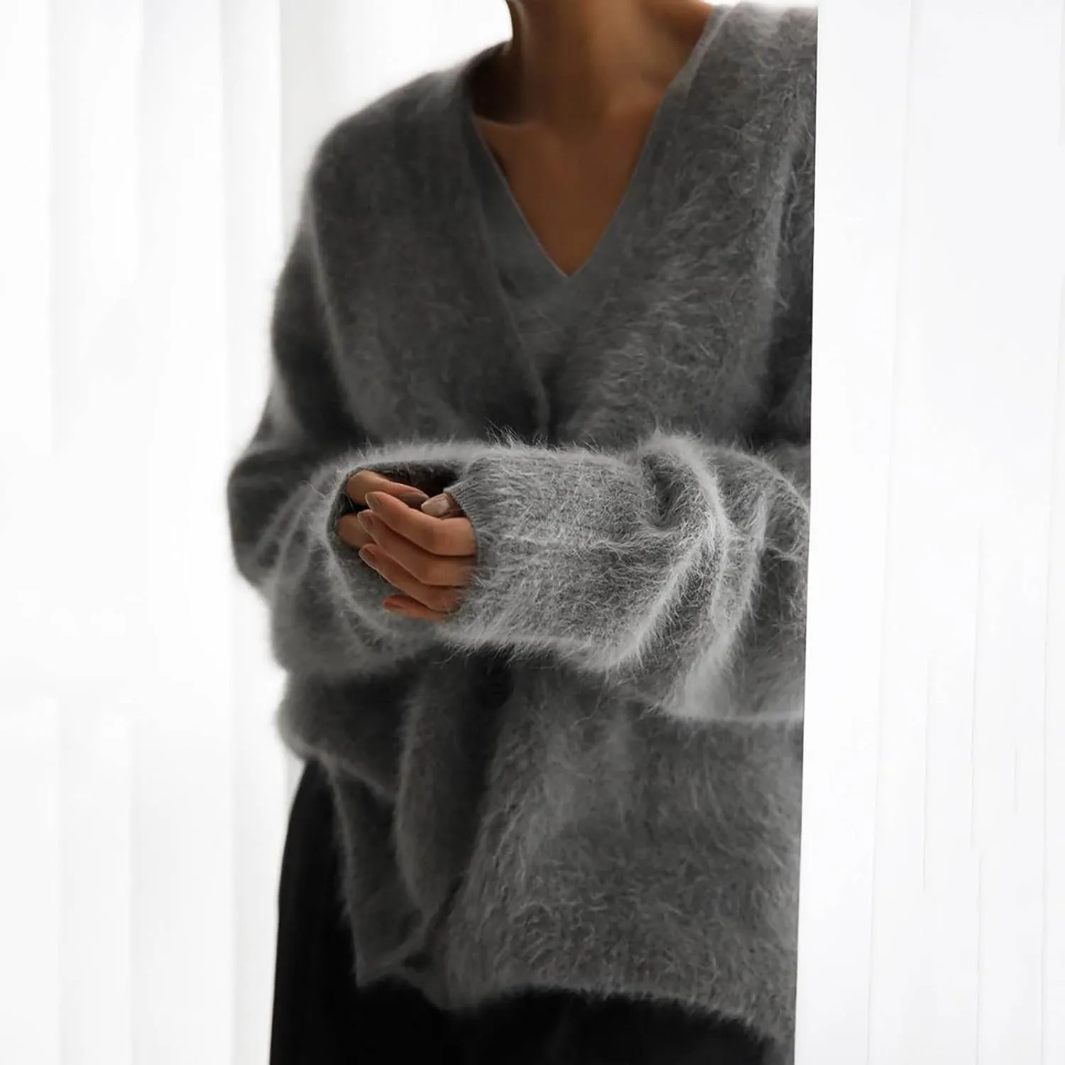 Women's Furry Cardigan Sweater Long Sleeves Open Front V-Neck Button Down Loose Casual Knit Coat 2024 Fall Winter