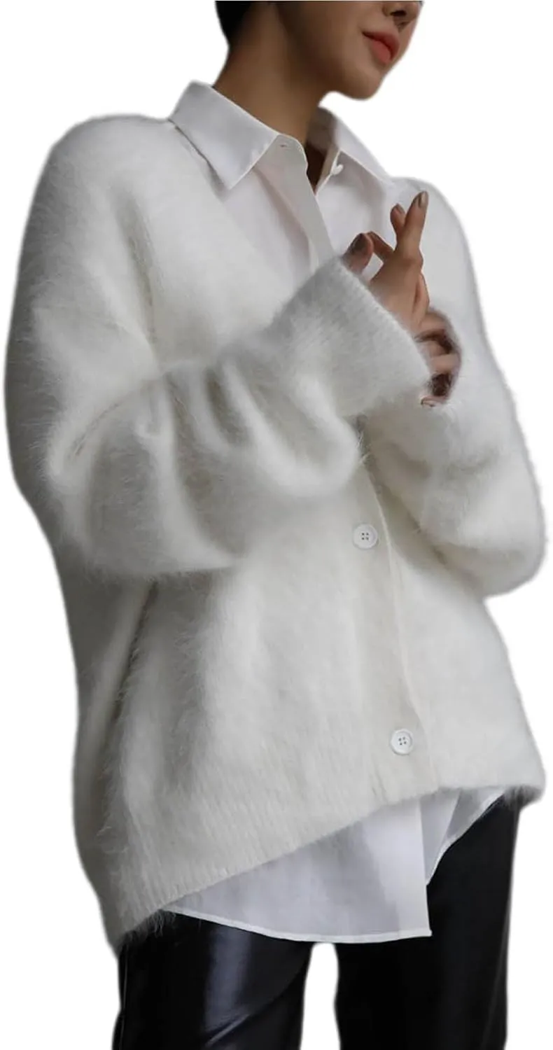 Women's Furry Cardigan Sweater Long Sleeves Open Front V-Neck Button Down Loose Casual Knit Coat 2024 Fall Winter