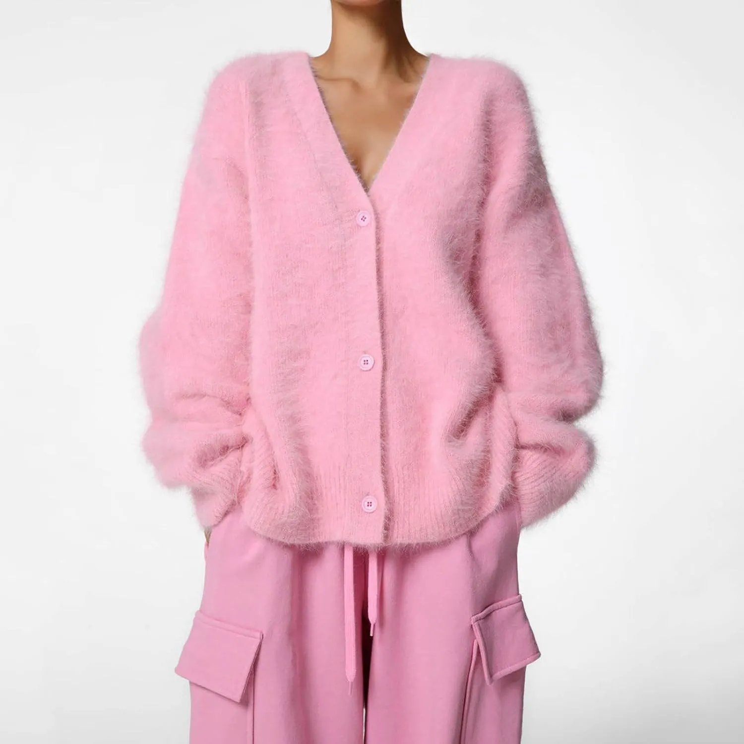 Women's Furry Cardigan Sweater Long Sleeves Open Front V-Neck Button Down Loose Casual Knit Coat 2024 Fall Winter
