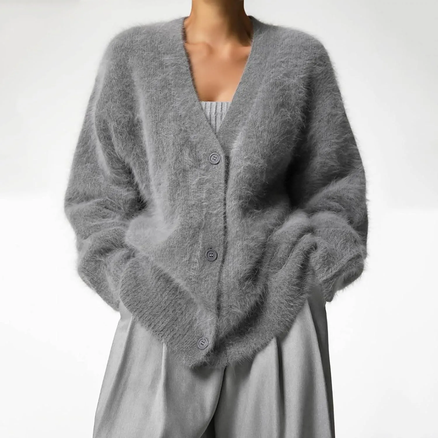 Women's Furry Cardigan Sweater Long Sleeves Open Front V-Neck Button Down Loose Casual Knit Coat 2024 Fall Winter