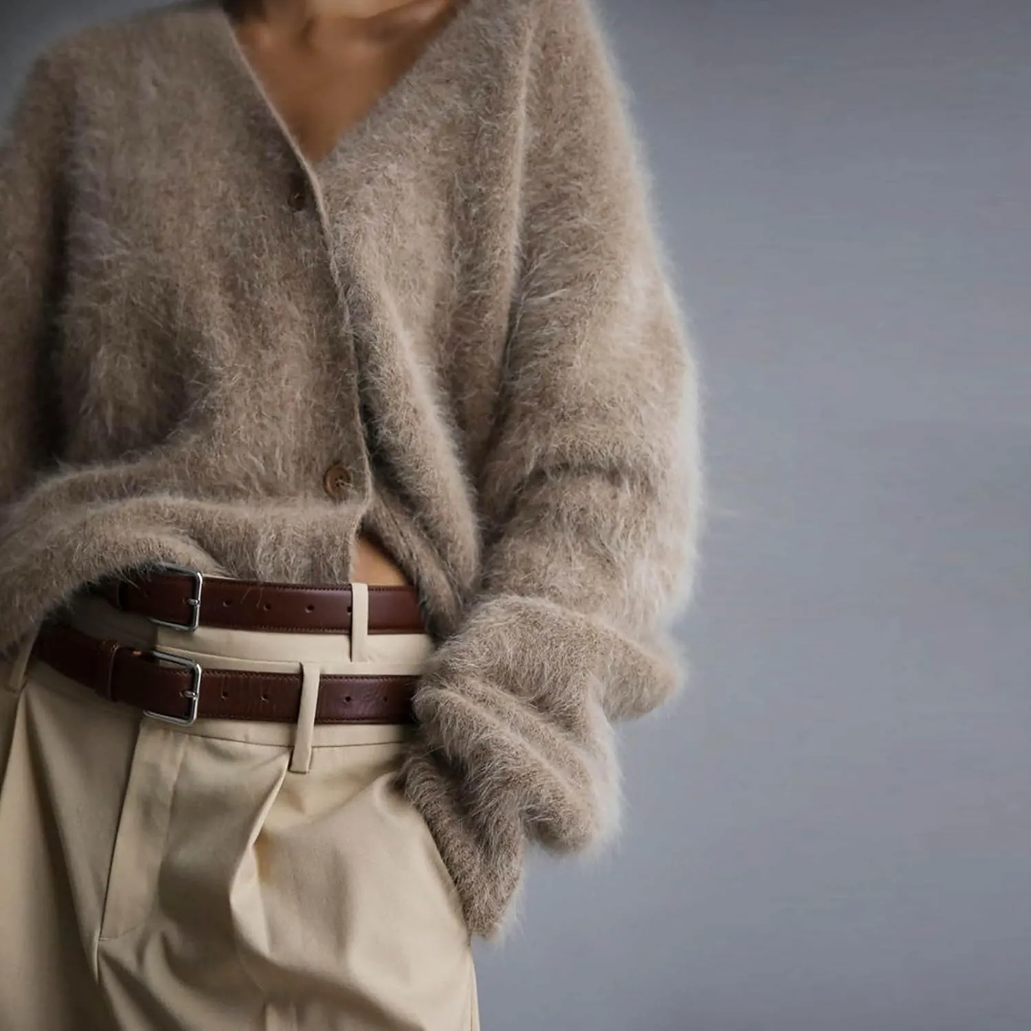 Women's Furry Cardigan Sweater Long Sleeves Open Front V-Neck Button Down Loose Casual Knit Coat 2024 Fall Winter