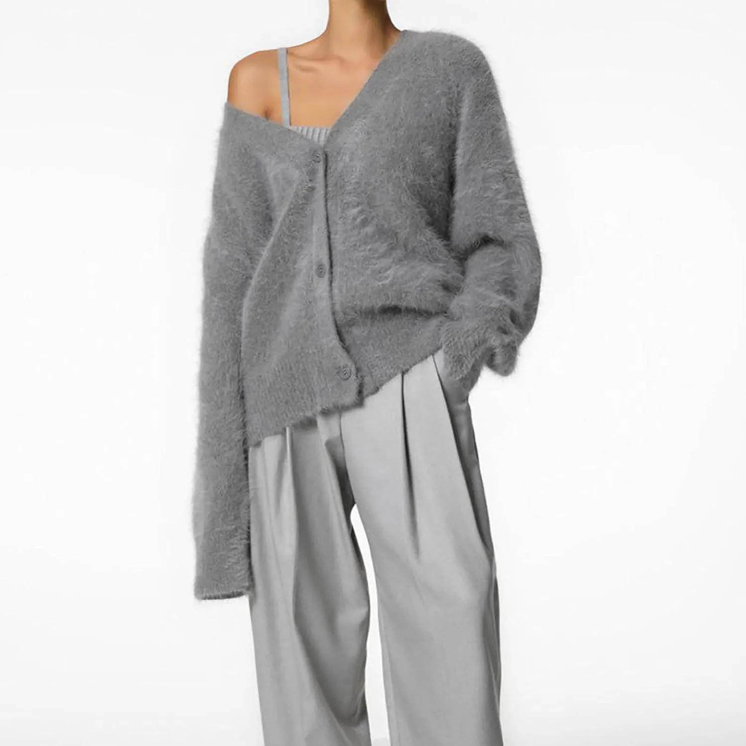 Women's Furry Cardigan Sweater Long Sleeves Open Front V-Neck Button Down Loose Casual Knit Coat 2024 Fall Winter