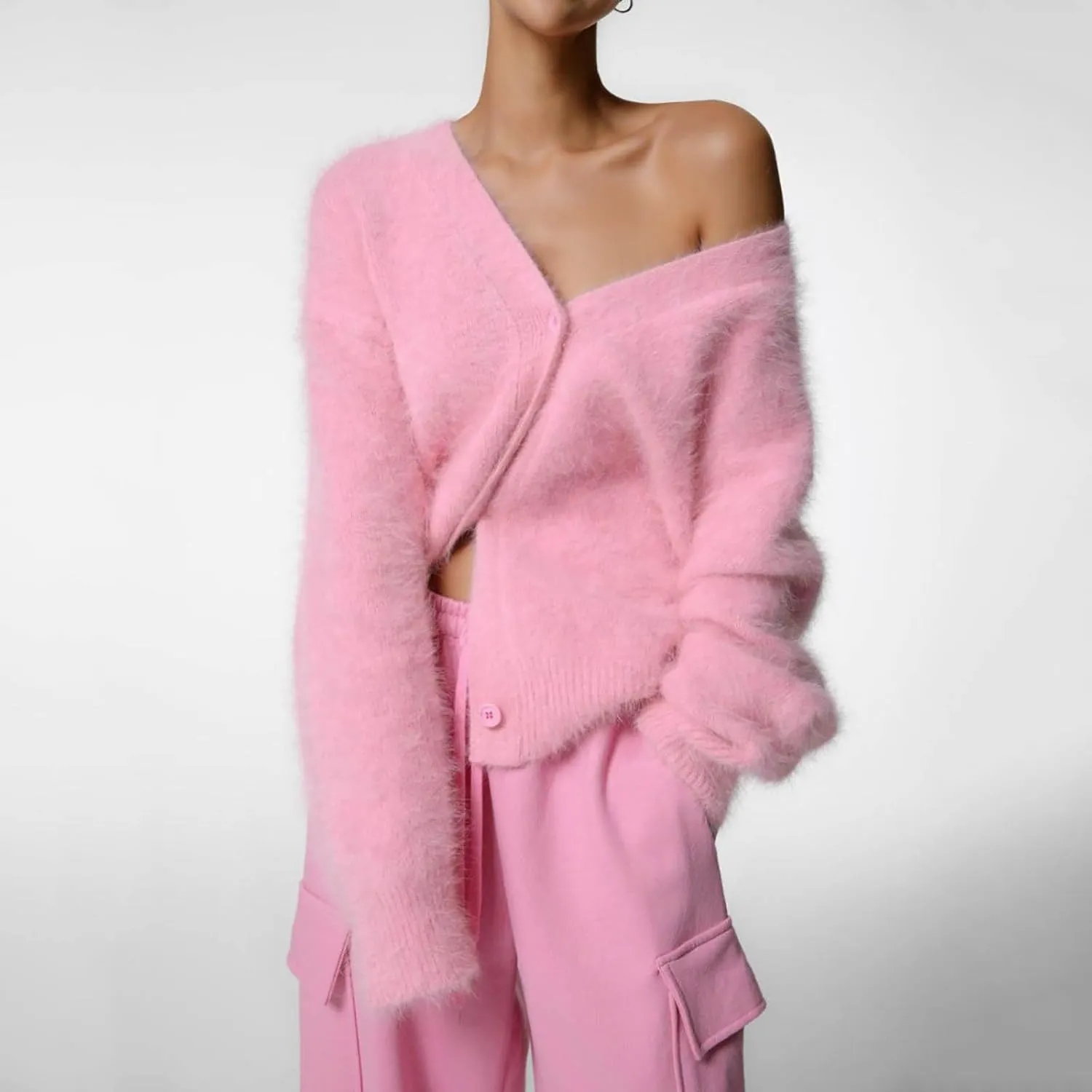Women's Furry Cardigan Sweater Long Sleeves Open Front V-Neck Button Down Loose Casual Knit Coat 2024 Fall Winter