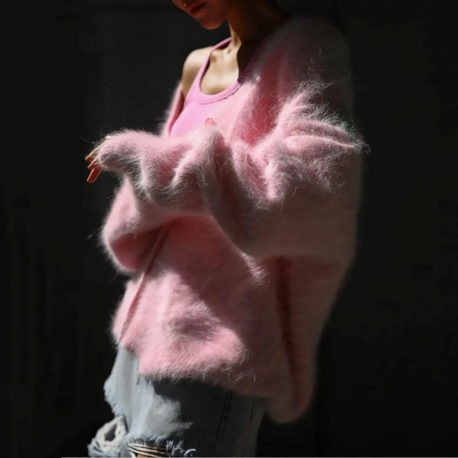 Women's Furry Cardigan Sweater Long Sleeves Open Front V-Neck Button Down Loose Casual Knit Coat 2024 Fall Winter