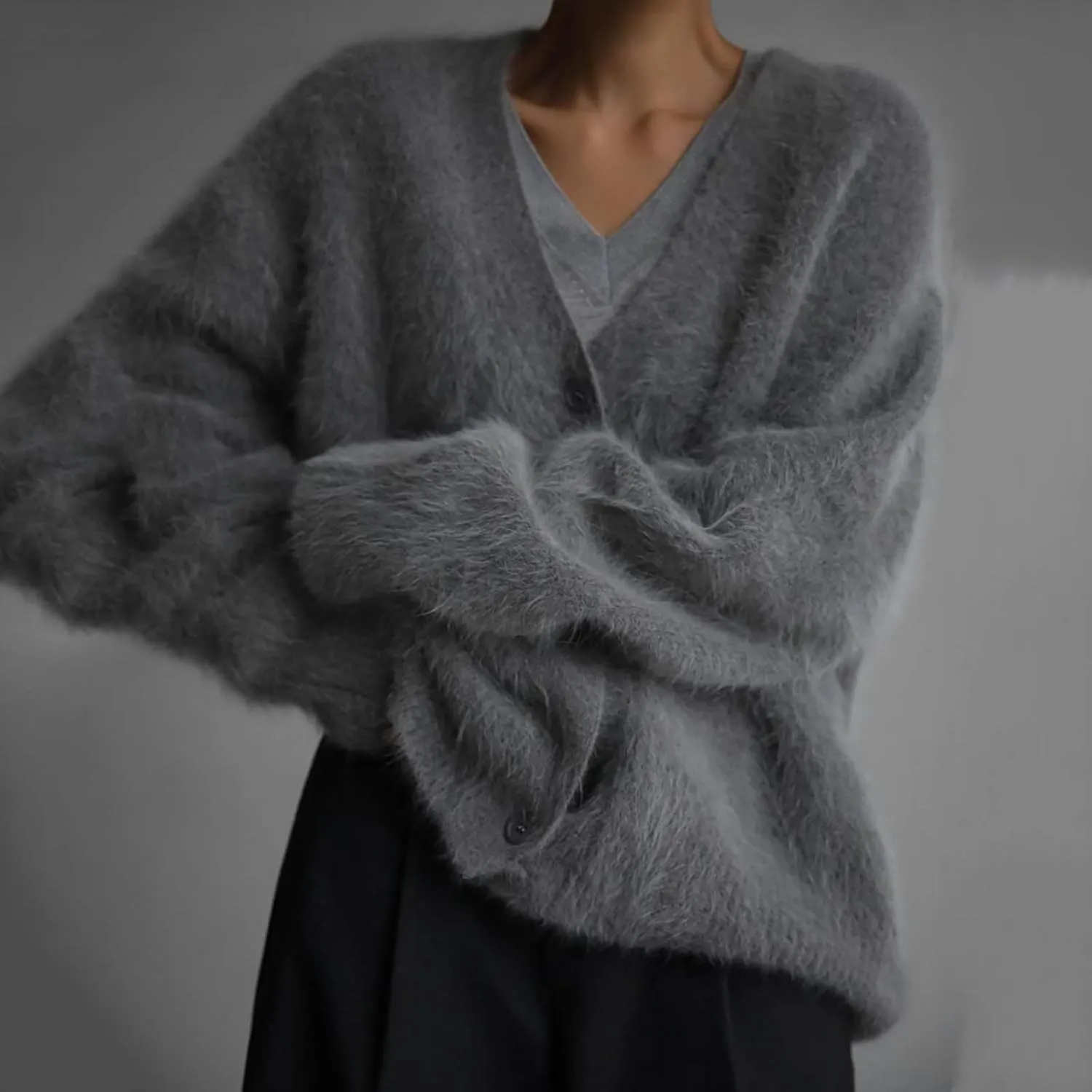 Women's Furry Cardigan Sweater Long Sleeves Open Front V-Neck Button Down Loose Casual Knit Coat 2024 Fall Winter