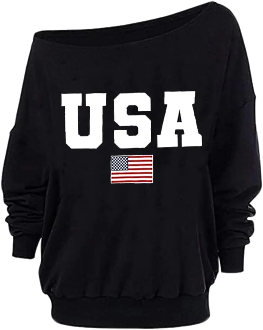 Womens Holiday Off the Shoulder Long Sleeve Loose Slouchy Sweatshirt Pullover Letter Printed Tops