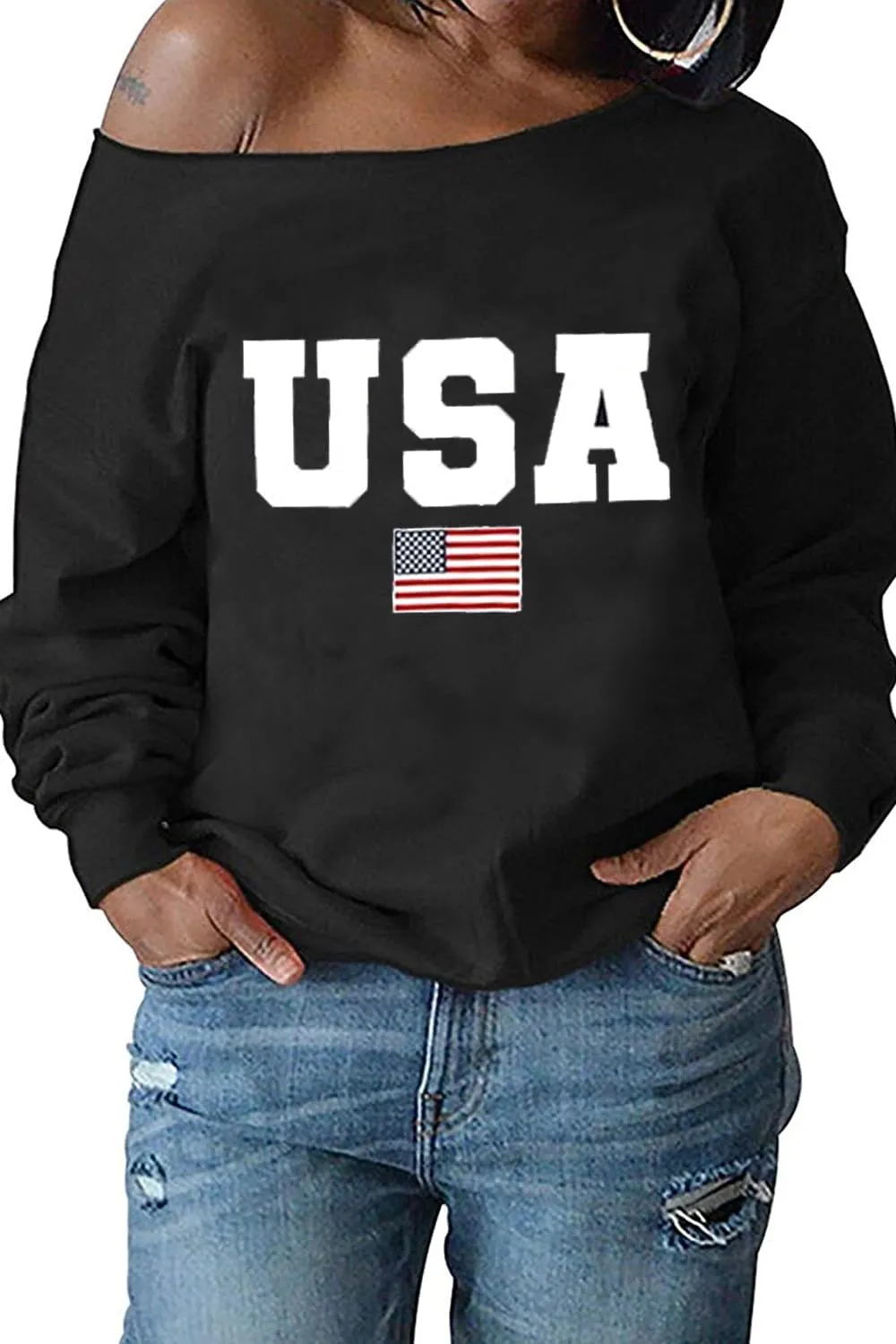 Womens Holiday Off the Shoulder Long Sleeve Loose Slouchy Sweatshirt Pullover Letter Printed Tops
