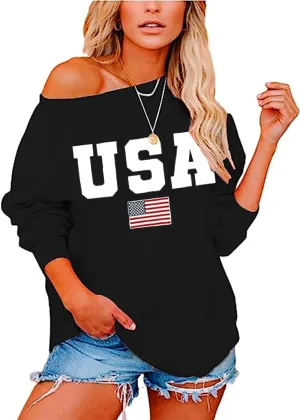 Womens Holiday Off the Shoulder Long Sleeve Loose Slouchy Sweatshirt Pullover Letter Printed Tops