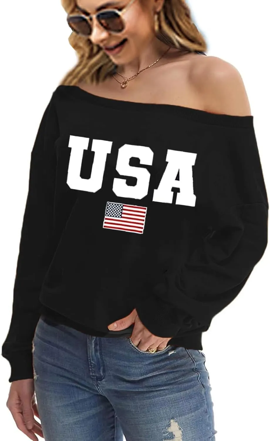 Womens Holiday Off the Shoulder Long Sleeve Loose Slouchy Sweatshirt Pullover Letter Printed Tops