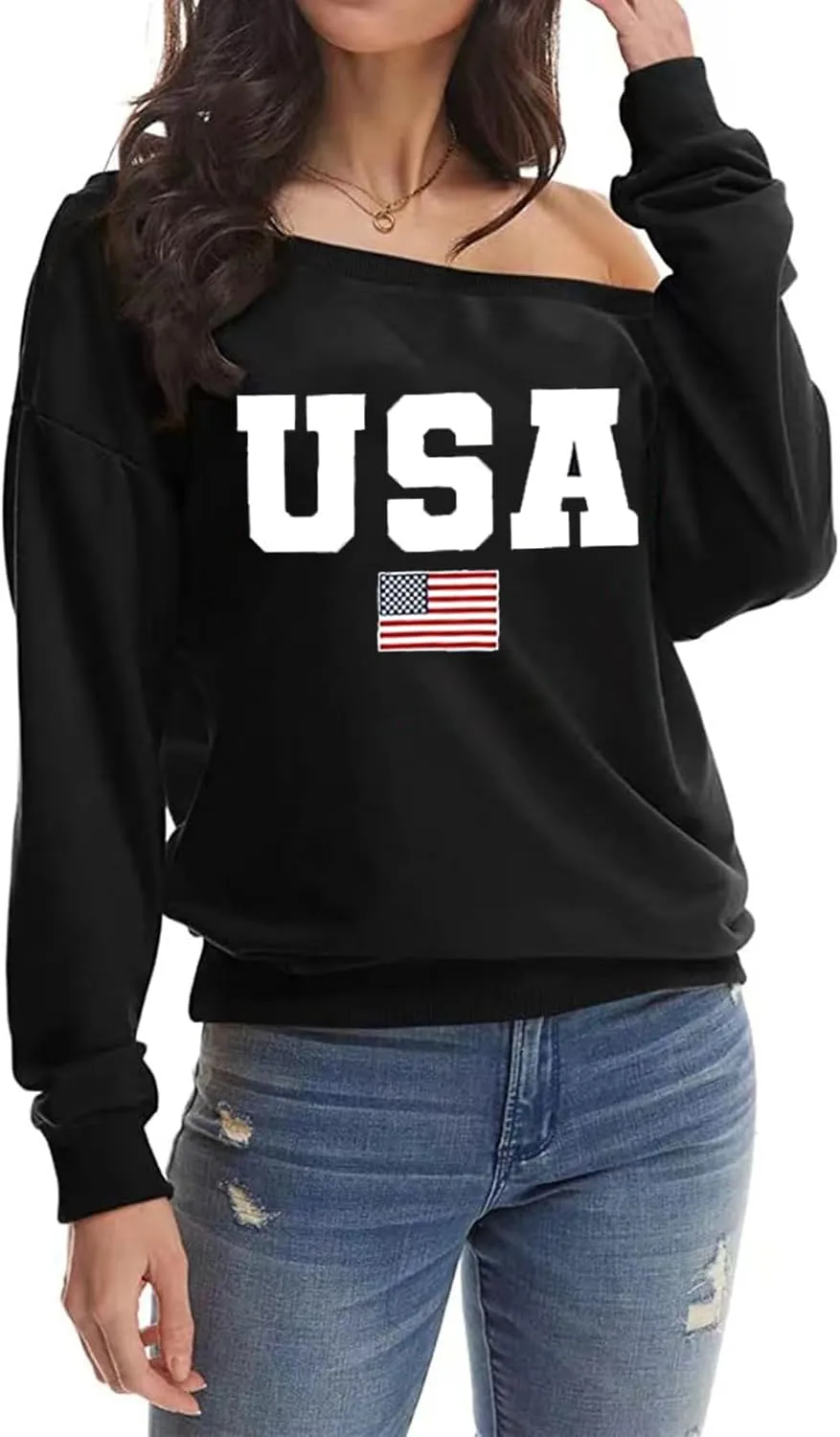 Womens Holiday Off the Shoulder Long Sleeve Loose Slouchy Sweatshirt Pullover Letter Printed Tops