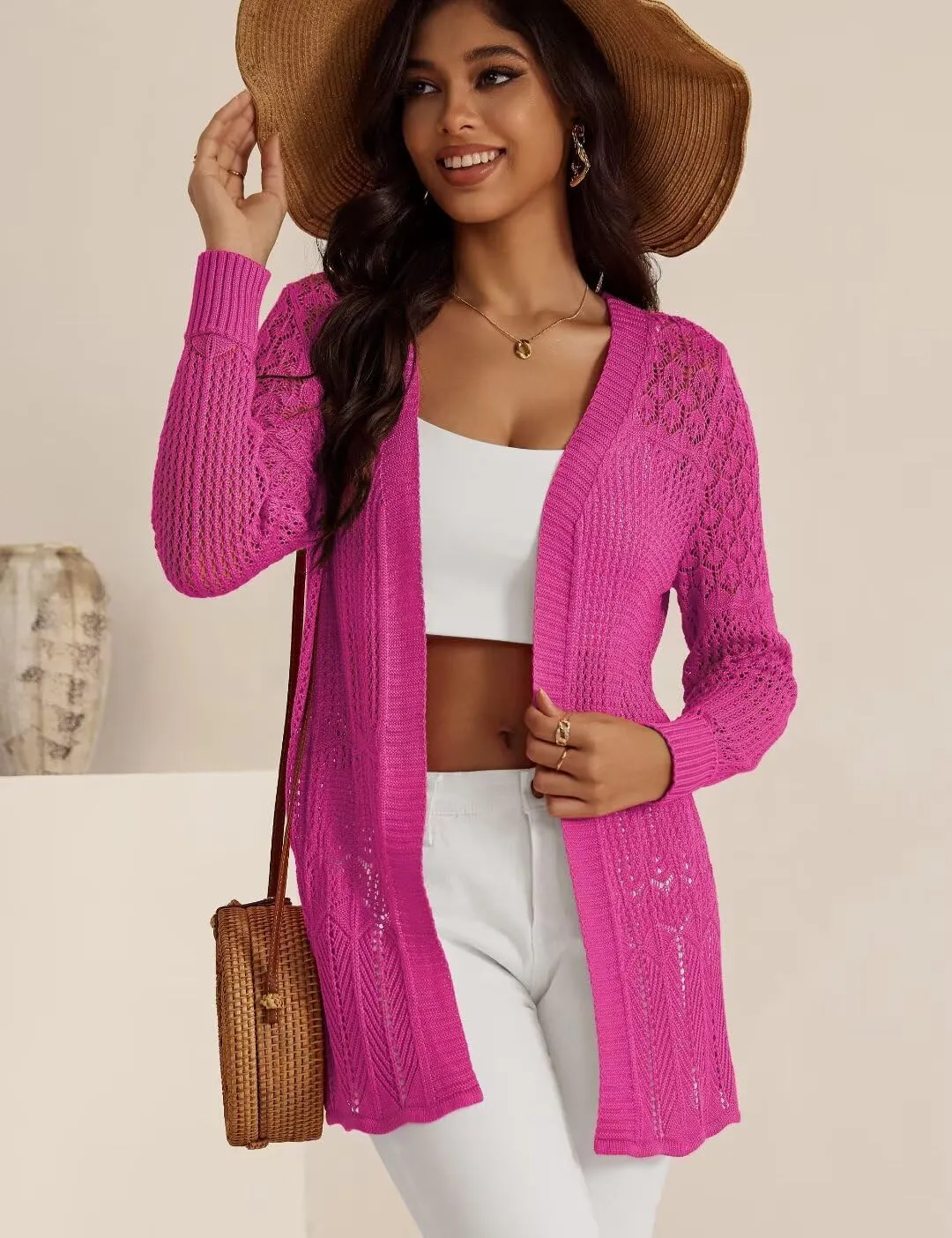 Women's Lightweight Crochet Cardigan Sweaters Long Sleeve Loose Drape Open Front Boho Beach Cover Up, S-XL