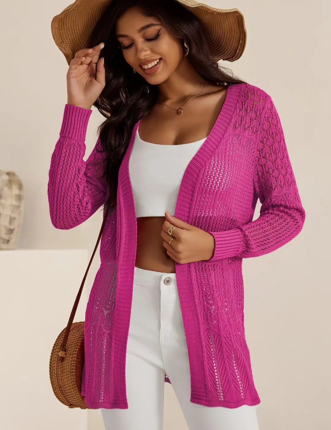 Women's Lightweight Crochet Cardigan Sweaters Long Sleeve Loose Drape Open Front Boho Beach Cover Up, S-XL