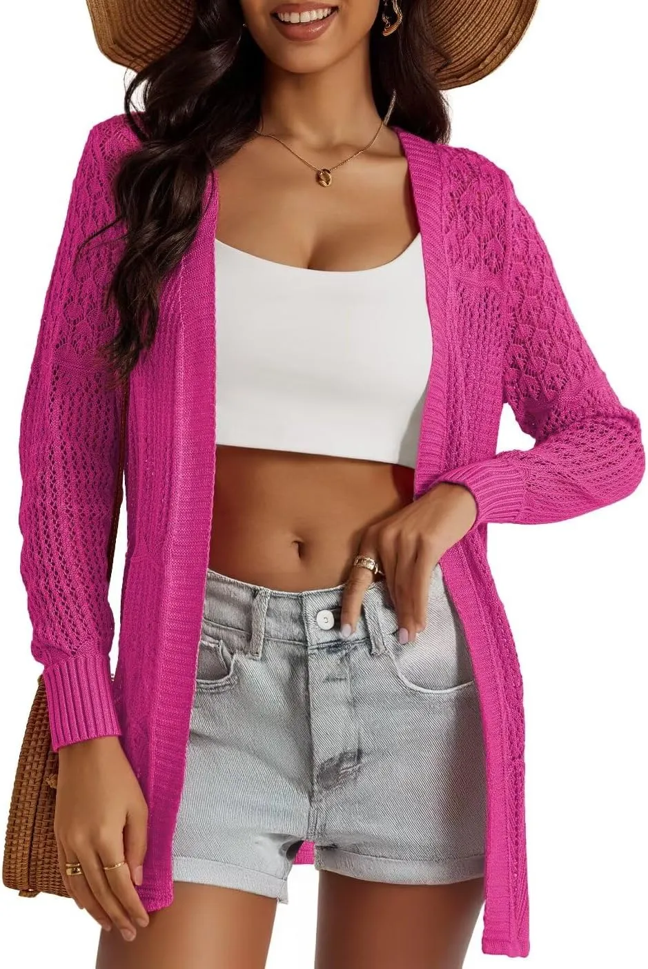 Women's Lightweight Crochet Cardigan Sweaters Long Sleeve Loose Drape Open Front Boho Beach Cover Up, S-XL