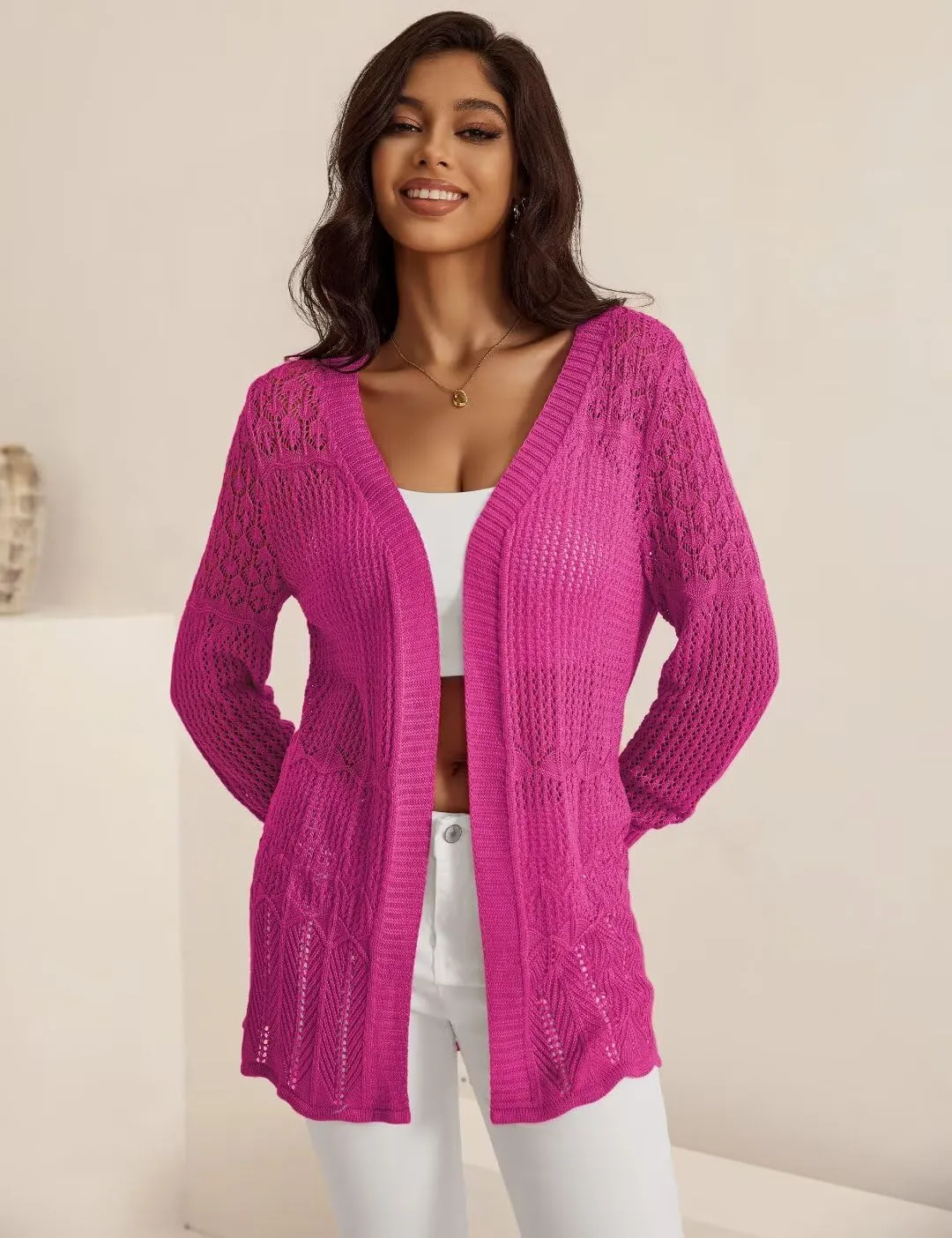 Women's Lightweight Crochet Cardigan Sweaters Long Sleeve Loose Drape Open Front Boho Beach Cover Up, S-XL