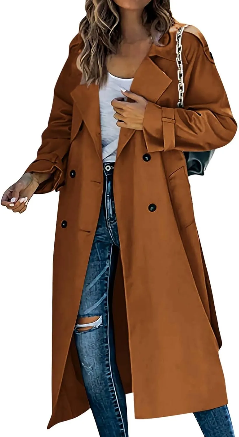 Womens Long Length Trench Coat Open Front Lapel Double-Breasted Hoodless Jackets Winter Casual Outerwear with Pockets