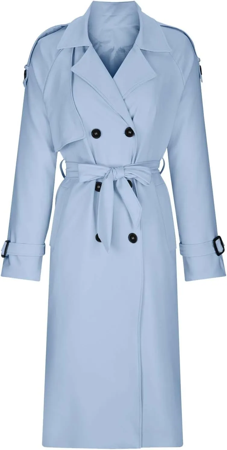 Womens Long Length Trench Coat Open Front Lapel Double-Breasted Hoodless Jackets Winter Casual Outerwear with Pockets