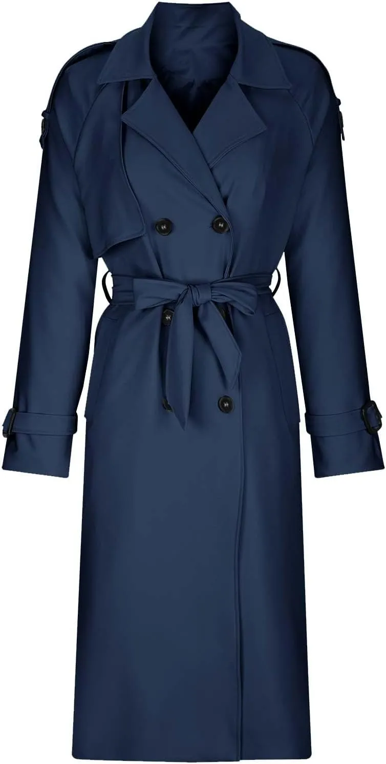 Womens Long Length Trench Coat Open Front Lapel Double-Breasted Hoodless Jackets Winter Casual Outerwear with Pockets
