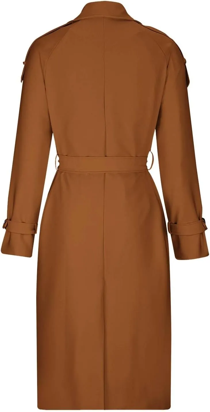 Womens Long Length Trench Coat Open Front Lapel Double-Breasted Hoodless Jackets Winter Casual Outerwear with Pockets