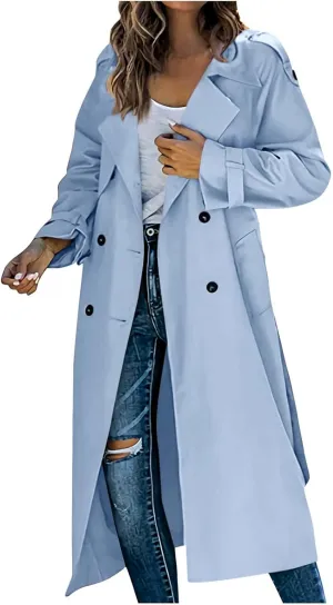 Womens Long Length Trench Coat Open Front Lapel Double-Breasted Hoodless Jackets Winter Casual Outerwear with Pockets