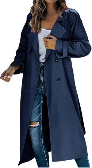 Womens Long Length Trench Coat Open Front Lapel Double-Breasted Hoodless Jackets Winter Casual Outerwear with Pockets