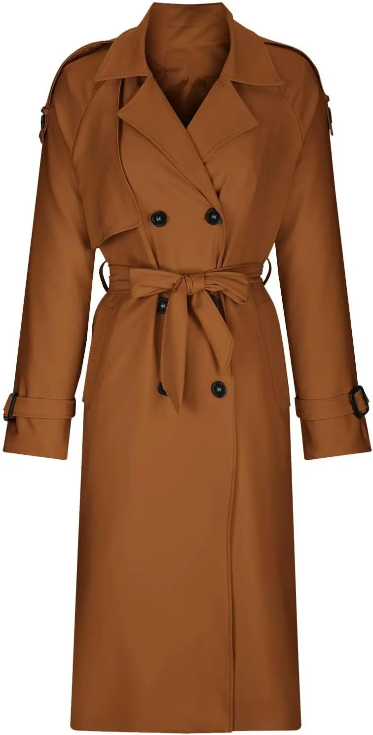 Womens Long Length Trench Coat Open Front Lapel Double-Breasted Hoodless Jackets Winter Casual Outerwear with Pockets