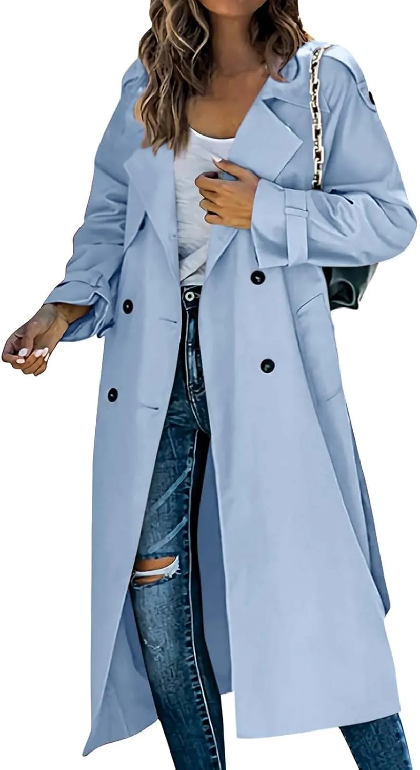 Womens Long Length Trench Coat Open Front Lapel Double-Breasted Hoodless Jackets Winter Casual Outerwear with Pockets