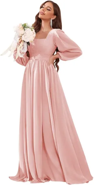 Women's Long Sleeve Bridesmaid Dress with Pockets Square Neck Formal Dresses Pleated Chiffon Wedding Guest Dress