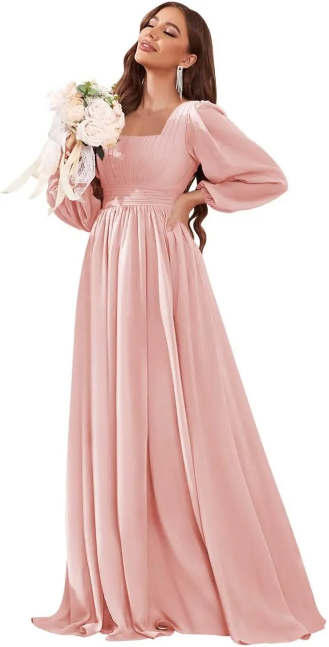 Women's Long Sleeve Bridesmaid Dress with Pockets Square Neck Formal Dresses Pleated Chiffon Wedding Guest Dress