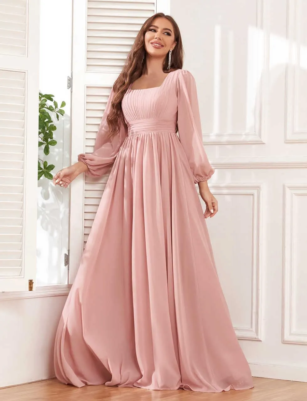 Women's Long Sleeve Bridesmaid Dress with Pockets Square Neck Formal Dresses Pleated Chiffon Wedding Guest Dress