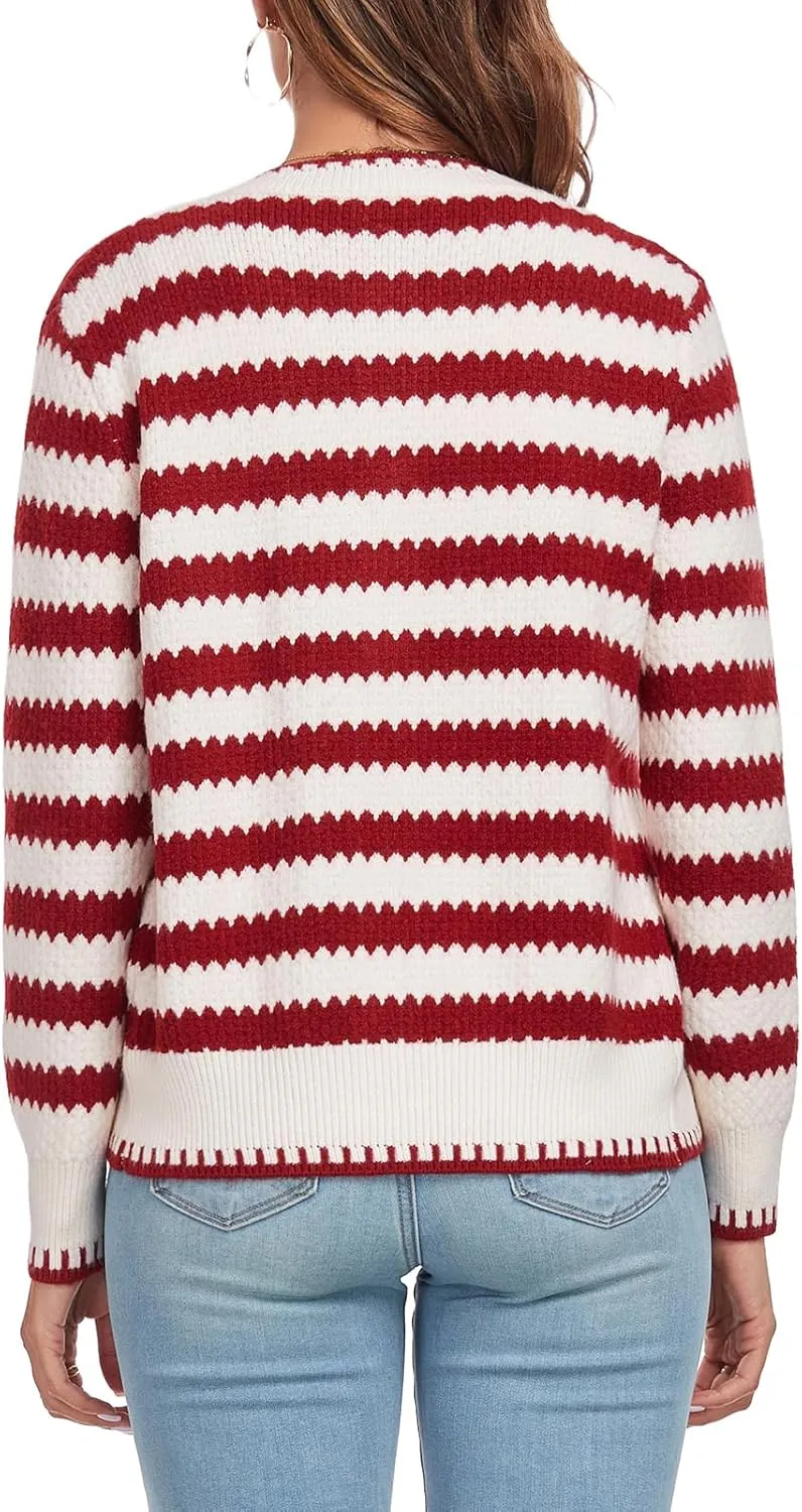 Women's Long Sleeve Button Knit Cardigan Sweater Open Front Crew Neck Striped Cardigan Jacket