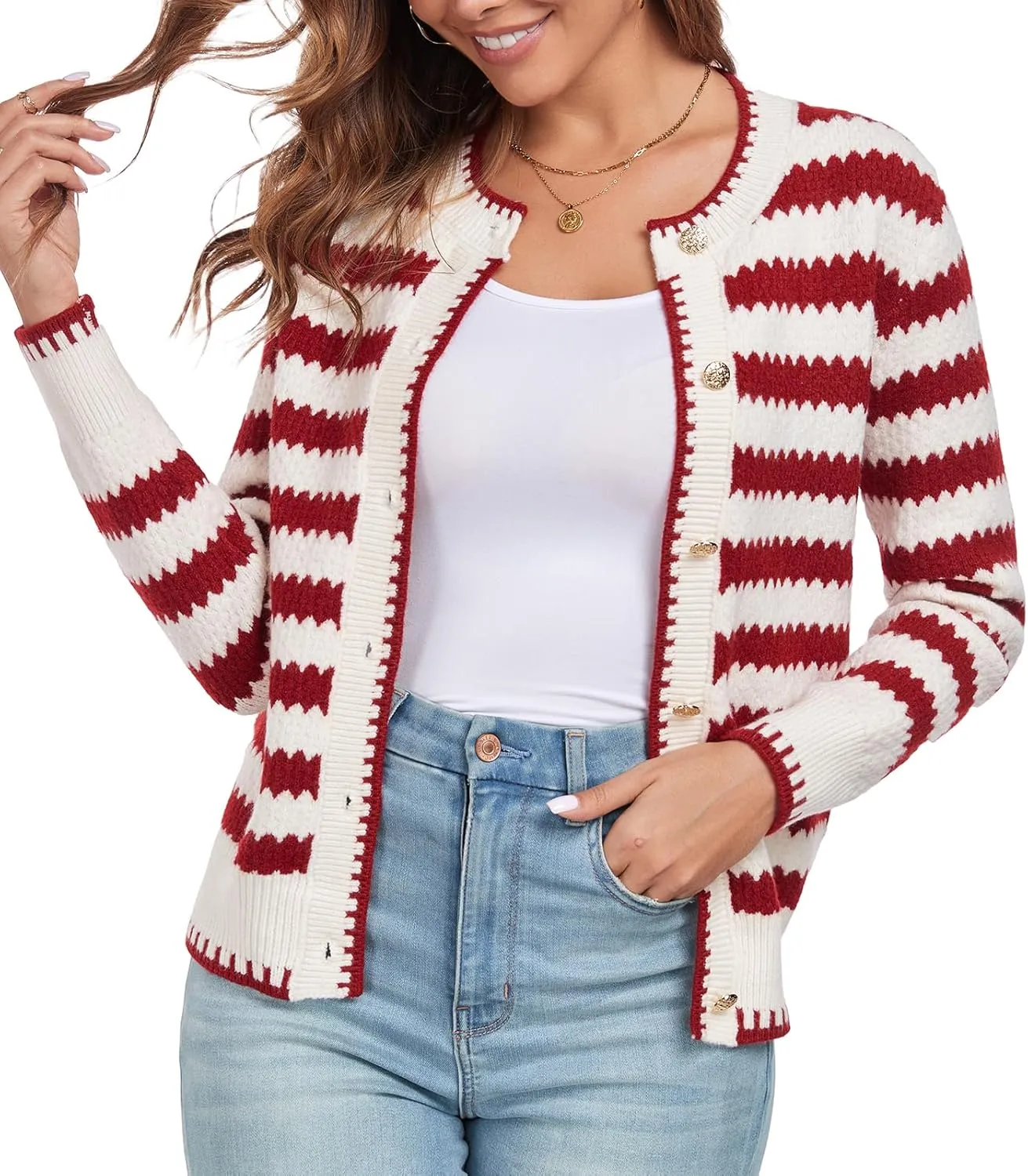 Women's Long Sleeve Button Knit Cardigan Sweater Open Front Crew Neck Striped Cardigan Jacket