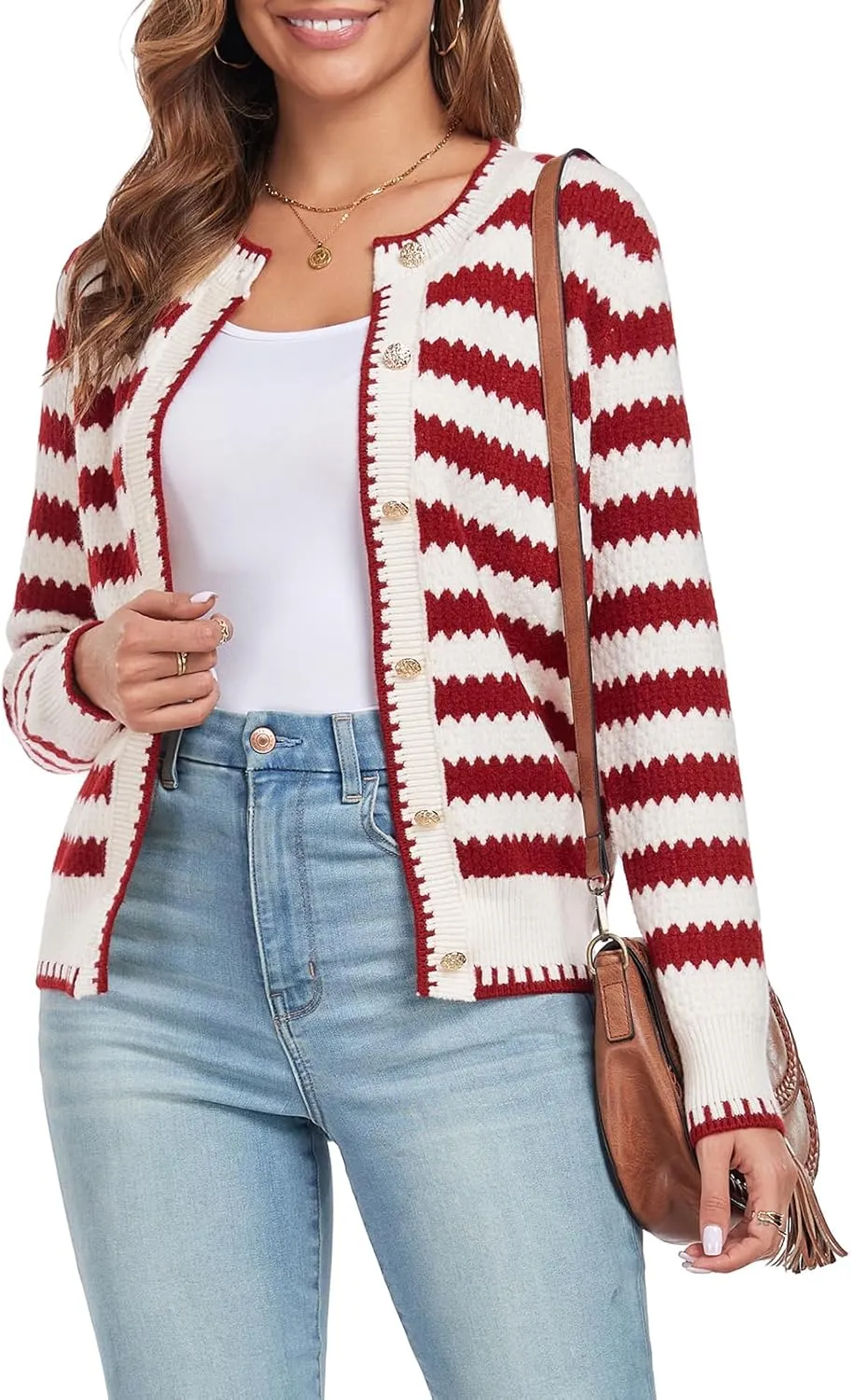 Women's Long Sleeve Button Knit Cardigan Sweater Open Front Crew Neck Striped Cardigan Jacket