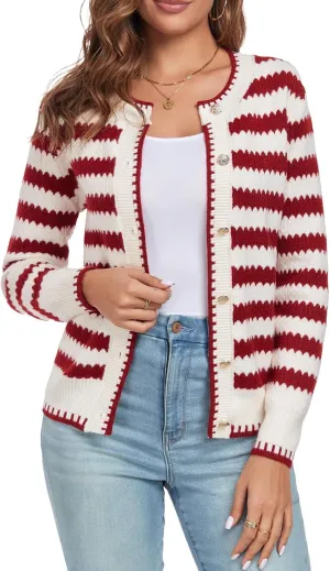 Women's Long Sleeve Button Knit Cardigan Sweater Open Front Crew Neck Striped Cardigan Jacket