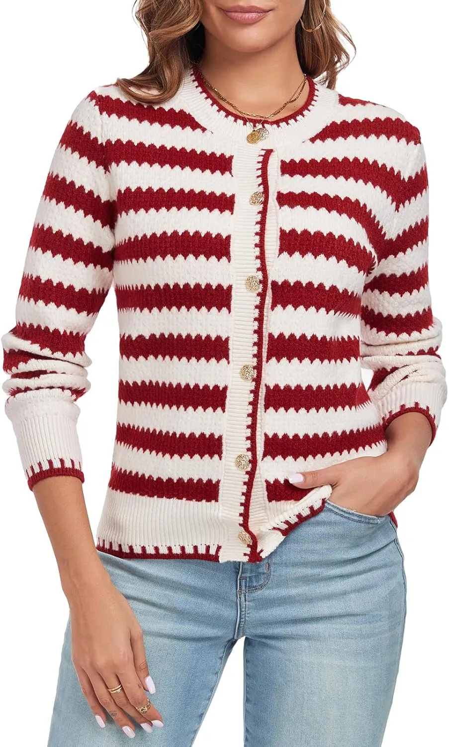 Women's Long Sleeve Button Knit Cardigan Sweater Open Front Crew Neck Striped Cardigan Jacket