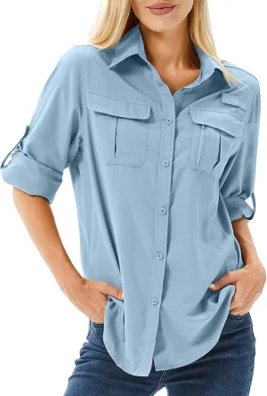 Women's Long Sleeve Hunting Shirt Outdoor Quick Dry Fishing Hiking Travel Shirt Blue