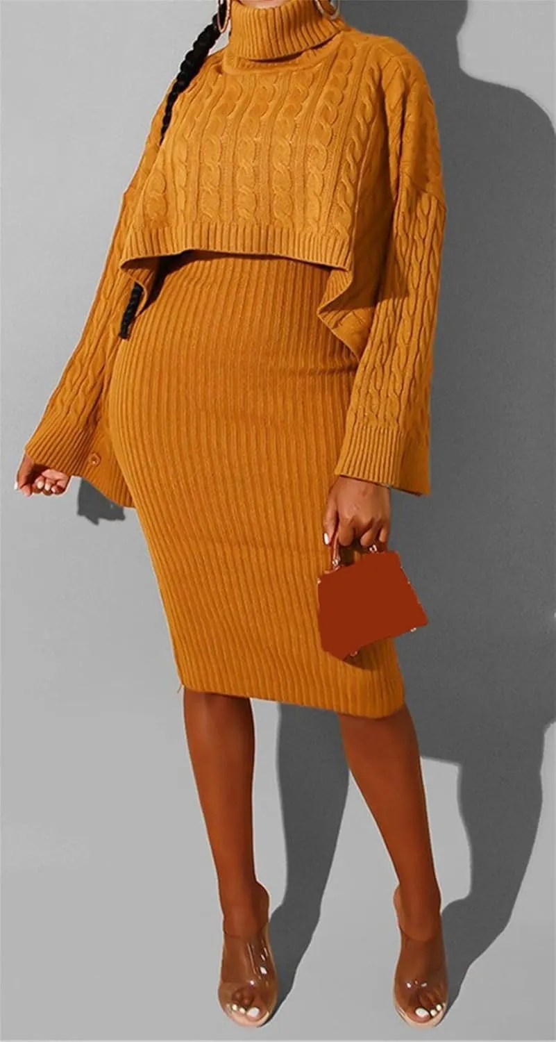Women's Long Sleeve Sweater Dresses 2 Piece Outfits Sets Knitted Long Sleeve Crop Top Tank Dress Set Warm Party Dress