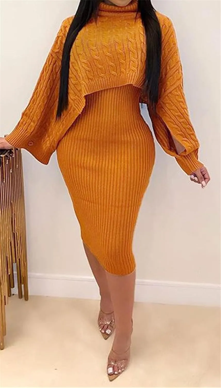 Women's Long Sleeve Sweater Dresses 2 Piece Outfits Sets Knitted Long Sleeve Crop Top Tank Dress Set Warm Party Dress